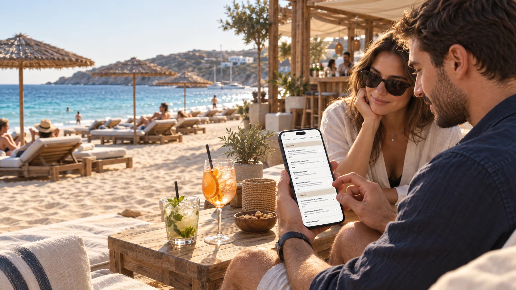 Πελάτες σε ελληνικό beach bar χρησιμοποιούν ψηφιακό μενού δίπλα στη θάλασσα και τις ξαπλώστρες.