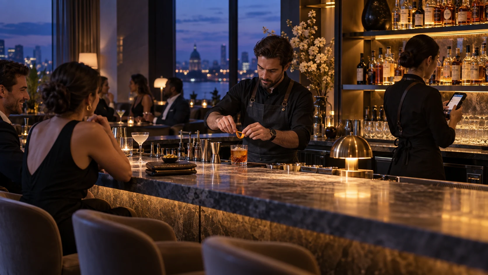 Bartender ετοιμάζει cocktail σε κομψό lounge, με συνεργάτιδα που διαχειρίζεται παραγγελίες.