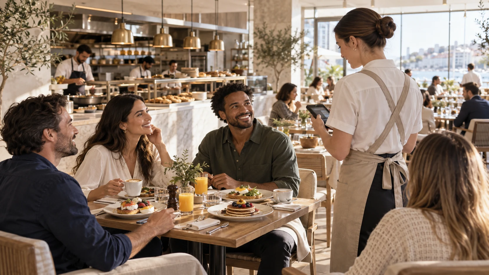 Πρωινό service με σερβιτόρα, pancakes, αυγά και καφέ σε φωτεινό χώρο brunch.