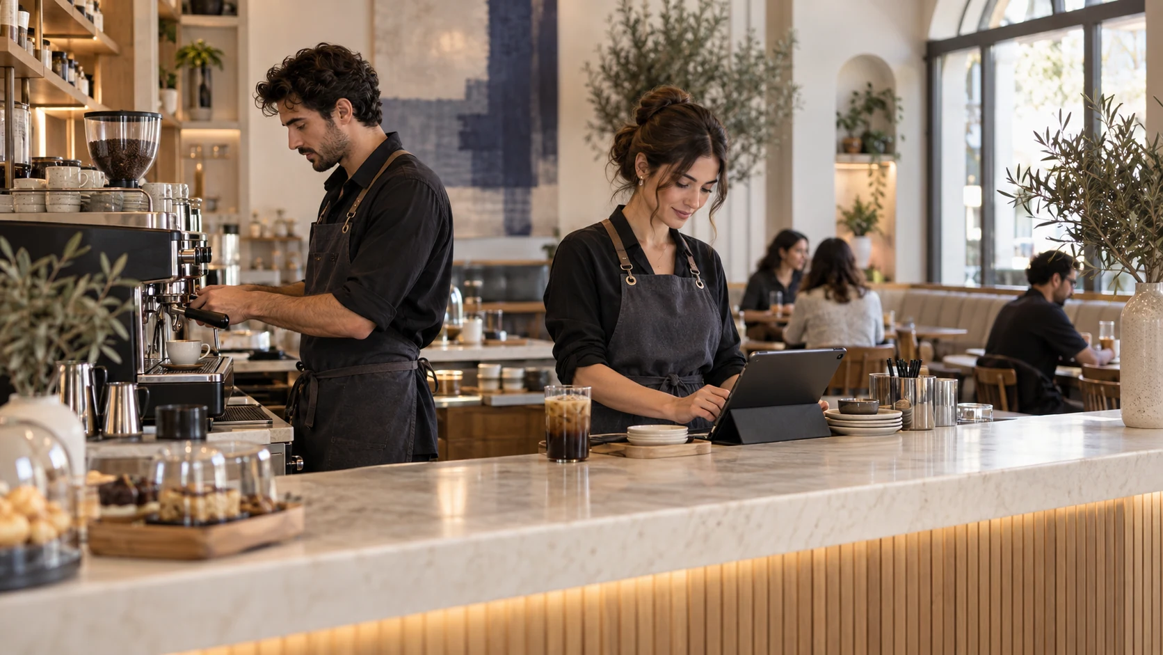 Barista στην espresso μηχανή και συνεργάτιδα με tablet σε φωτεινή καφετέρια.