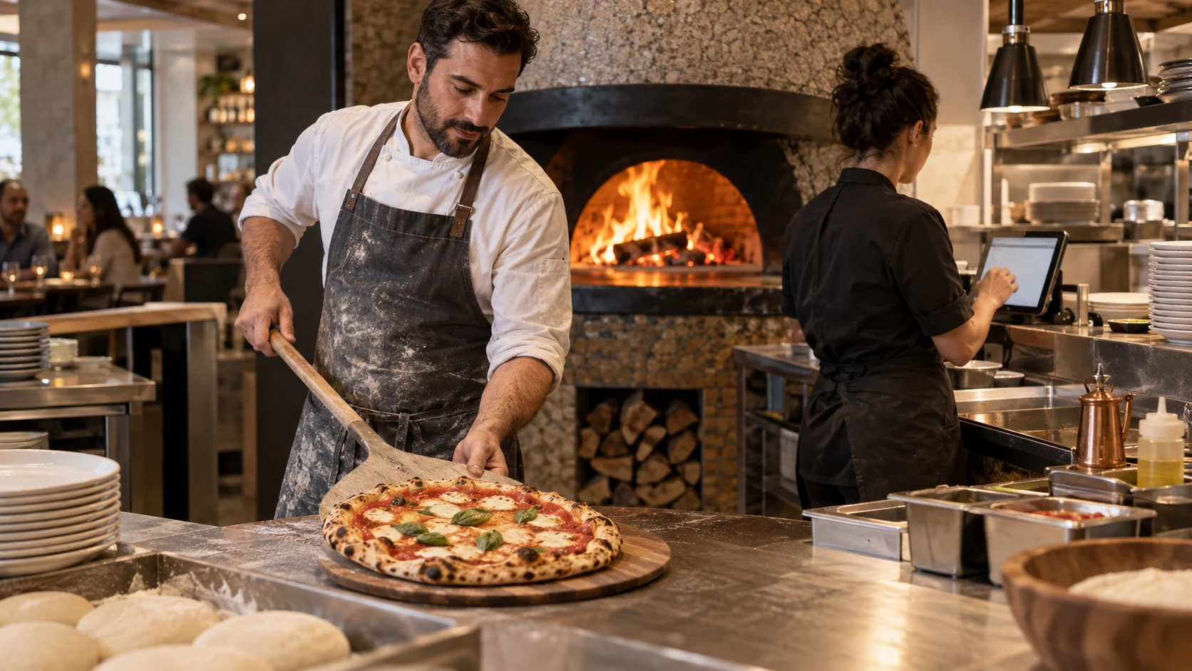 Pizzaiolo ετοιμάζει πίτσα μπροστά σε ξυλόφουρνο, ενώ η ομάδα ελέγχει την παραγωγή σε tablet.